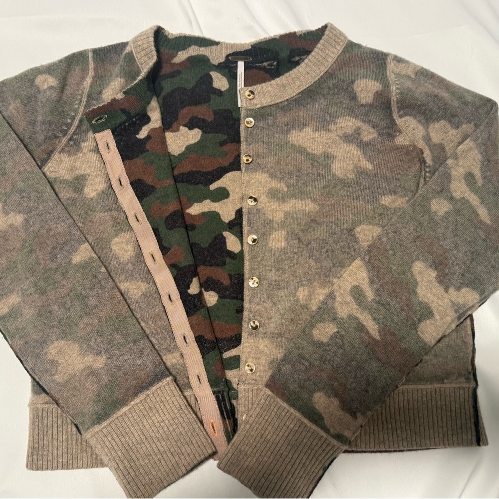 Free People Camo Button Front Sweater Cardigan - Beige Green S